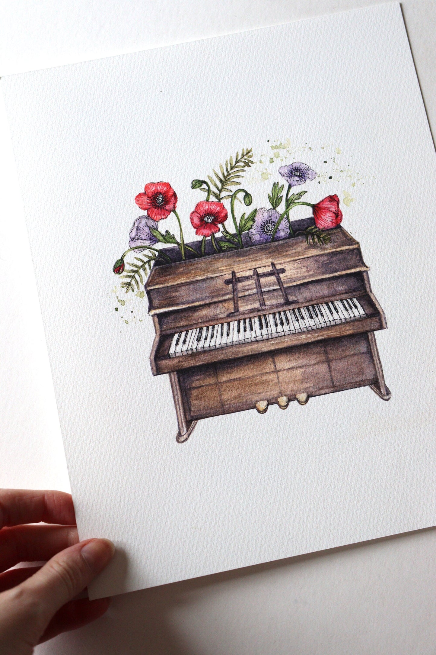 Watercolour Piano Print, Floral Notes, Wild Poppies Flowers Illustration Giclee Fine Art Print 8x10"
