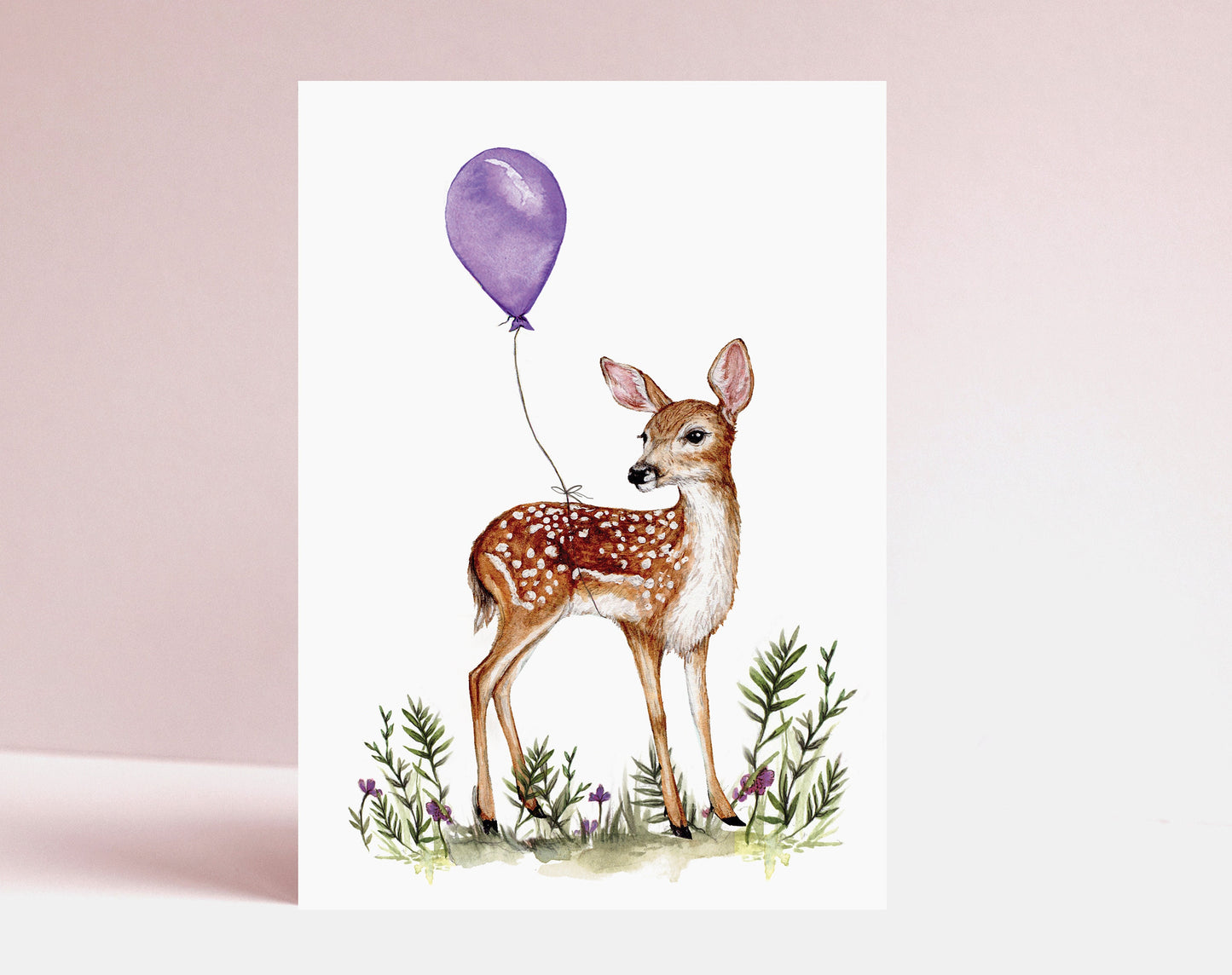 Florence the Fawn Greetings Card, Watercolour Illustrated Deer With Balloon, Animal Birthday Card For Mum Sister Friend A6