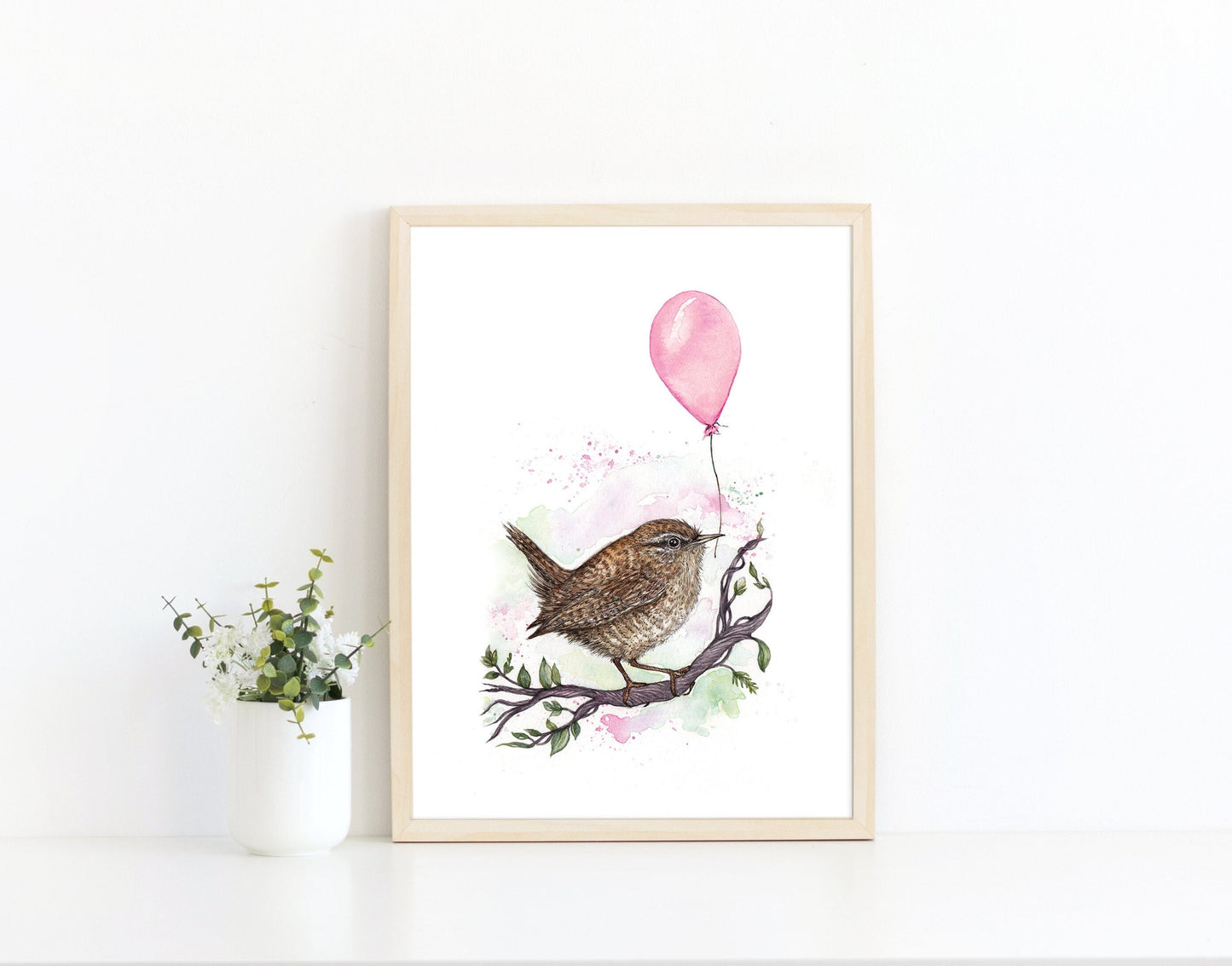 Watercolour Wren Print, Balloon Cute Watercolour Illustrated Bird, Kids Nursery Artwork, Giclee Fine Art Print A4 A5, Rue the Wren