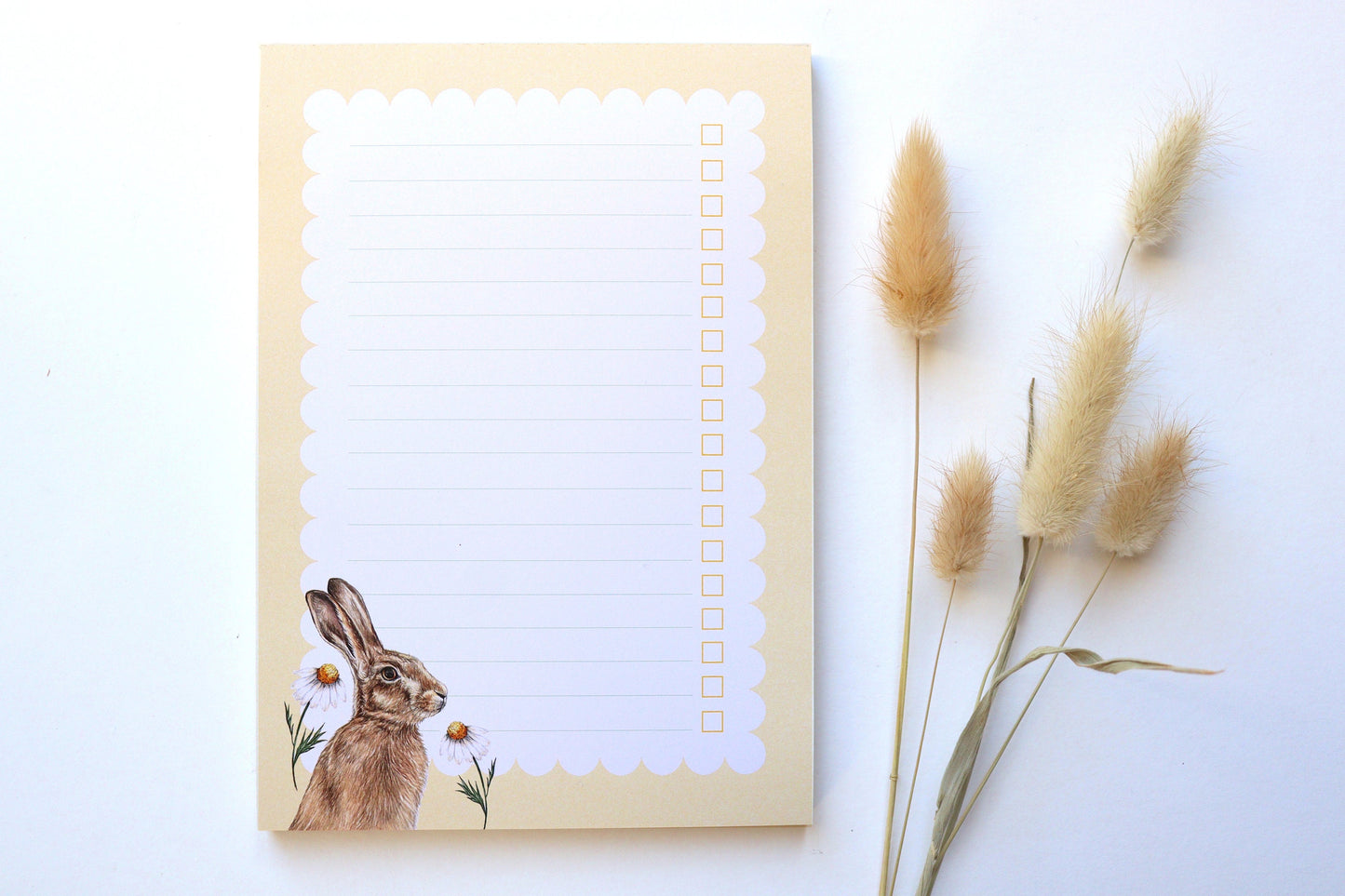 Floral Hare A5 Notepad Checklist, Watercolour Illustrated Lemon Yellow Printed Paper Notes, Stationery Gift
