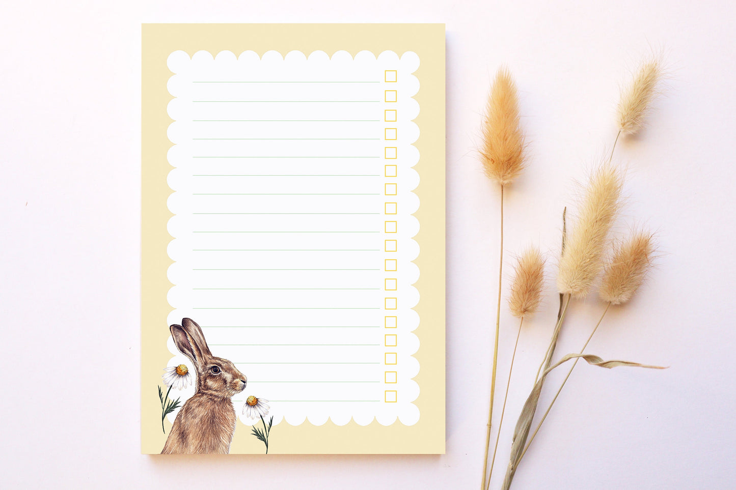 Floral Hare A5 Notepad Checklist, Watercolour Illustrated Lemon Yellow Printed Paper Notes, Stationery Gift