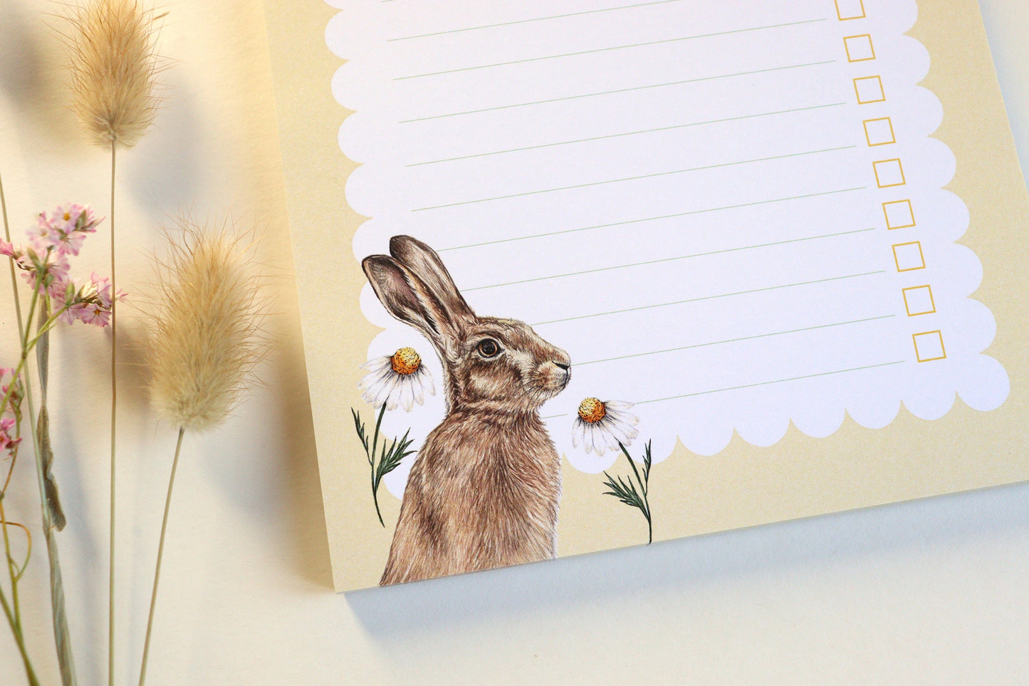 Floral Hare A5 Notepad Checklist, Watercolour Illustrated Lemon Yellow Printed Paper Notes, Stationery Gift