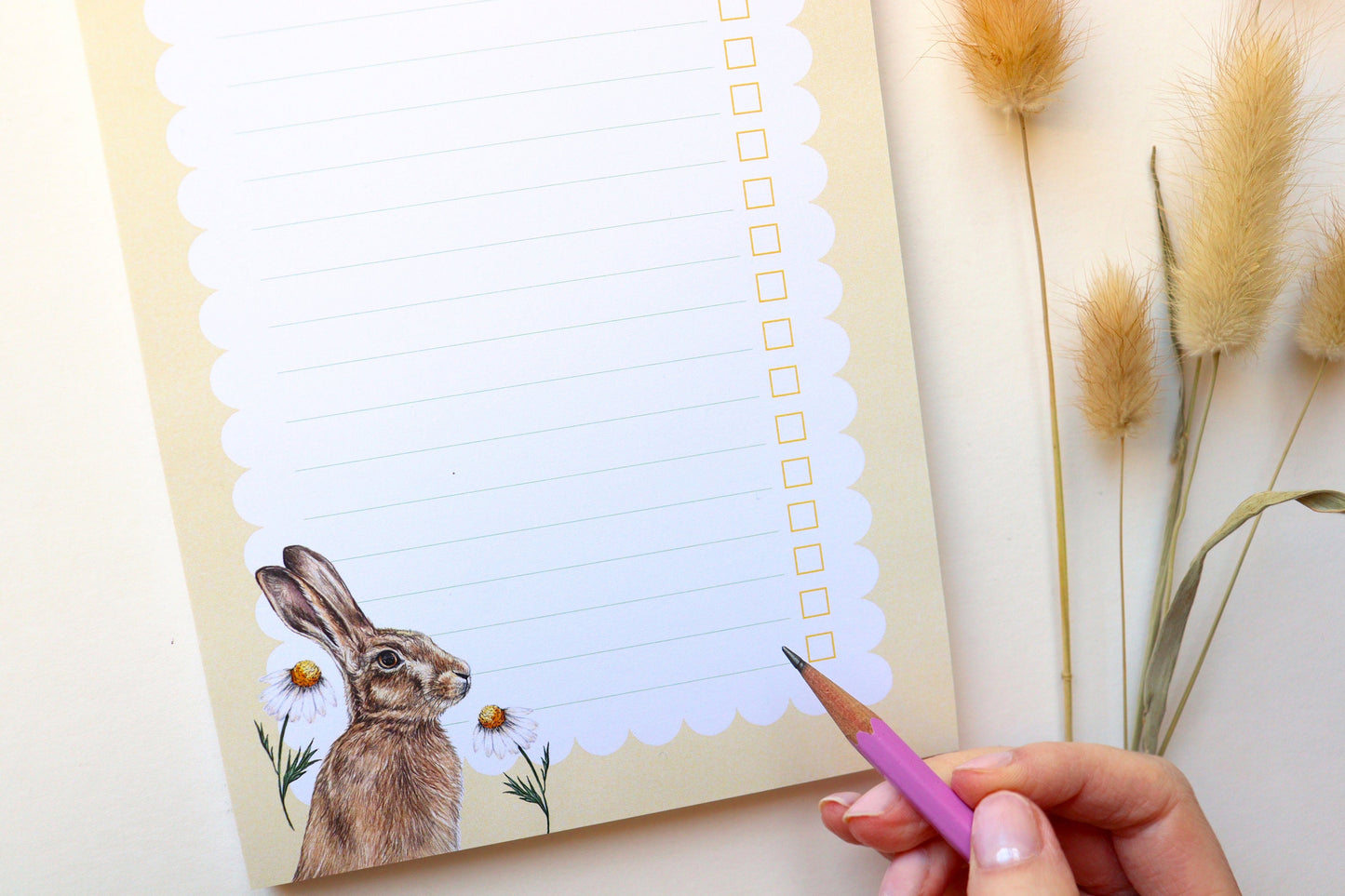 Floral Hare A5 Notepad Checklist, Watercolour Illustrated Lemon Yellow Printed Paper Notes, Stationery Gift