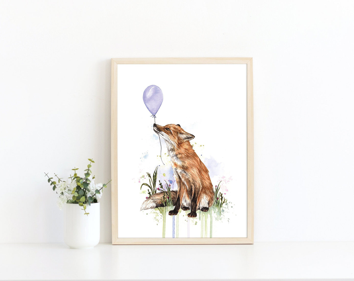 Watercolour Fox with Balloon Print, Cute Watercolour Illustrated Animal, Kids Nursery Artwork, Giclee Fine Art Print A4 A5 - Fern the Fox