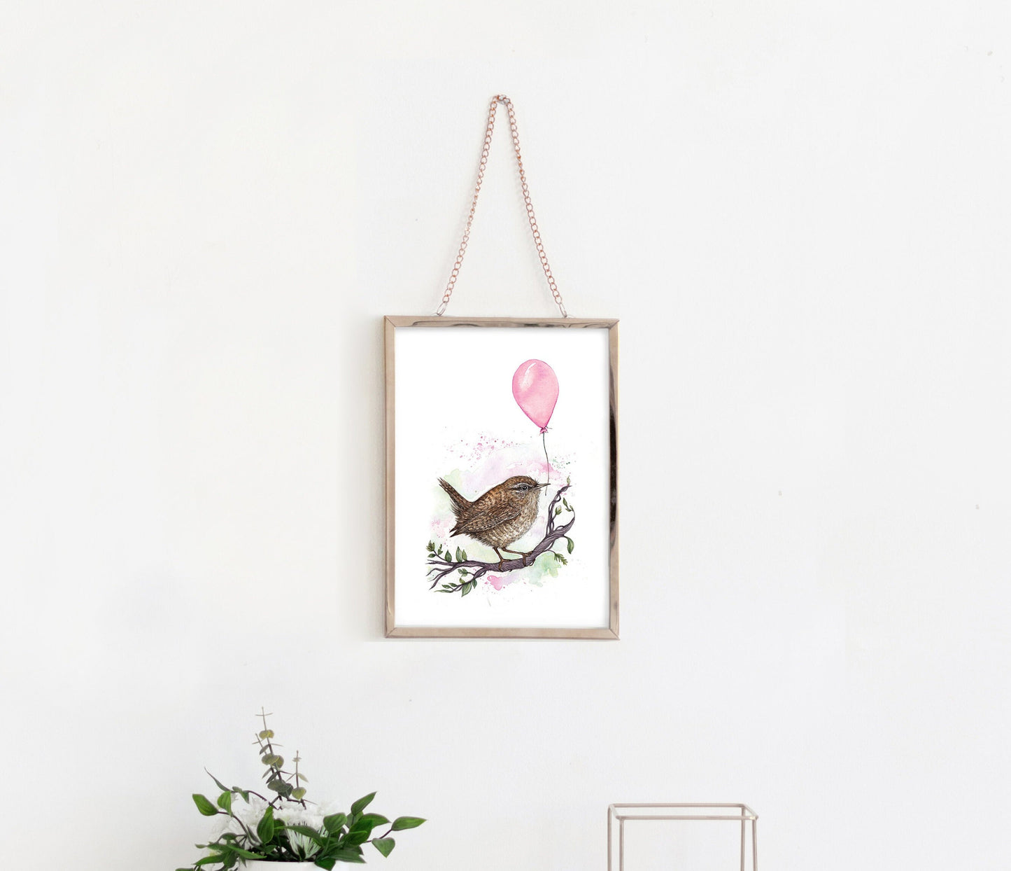 Watercolour Wren Print, Balloon Cute Watercolour Illustrated Bird, Kids Nursery Artwork, Giclee Fine Art Print A4 A5, Rue the Wren