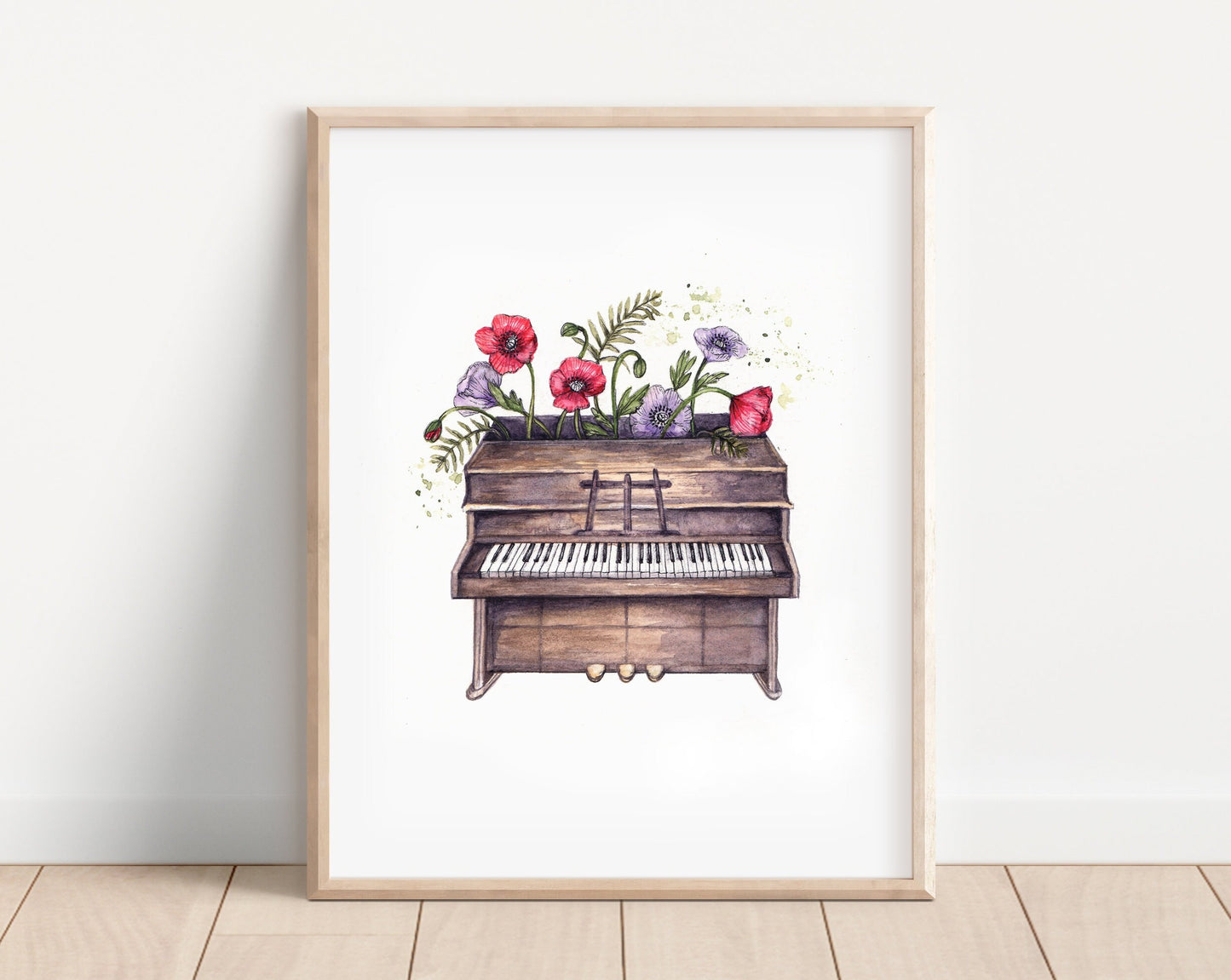 Watercolour Piano Print, Floral Notes, Wild Poppies Flowers Illustration Giclee Fine Art Print 8x10"