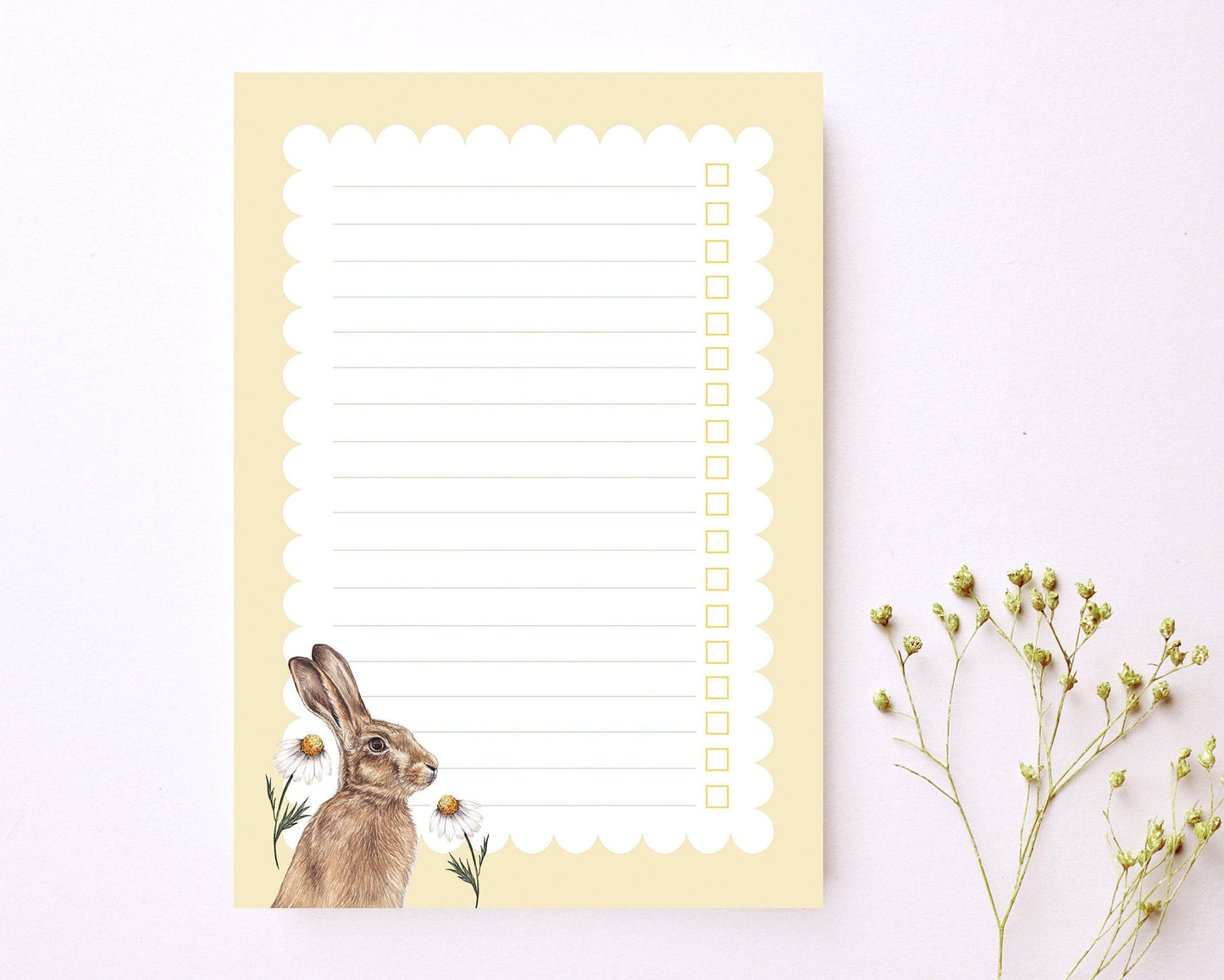 Floral Hare A5 Notepad Checklist, Watercolour Illustrated Lemon Yellow Printed Paper Notes, Stationery Gift