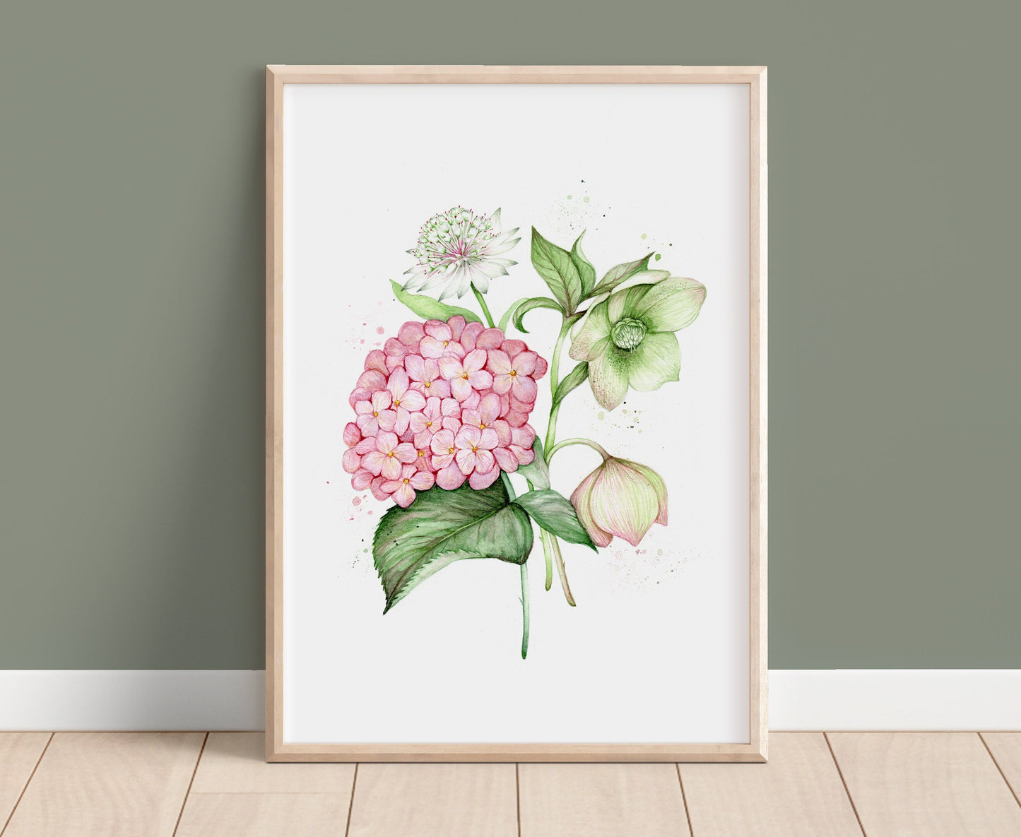 Vintage Florals Watercolour Giclee Print, Hydrangea Hellebore Astrantia Art A5, A4, A3