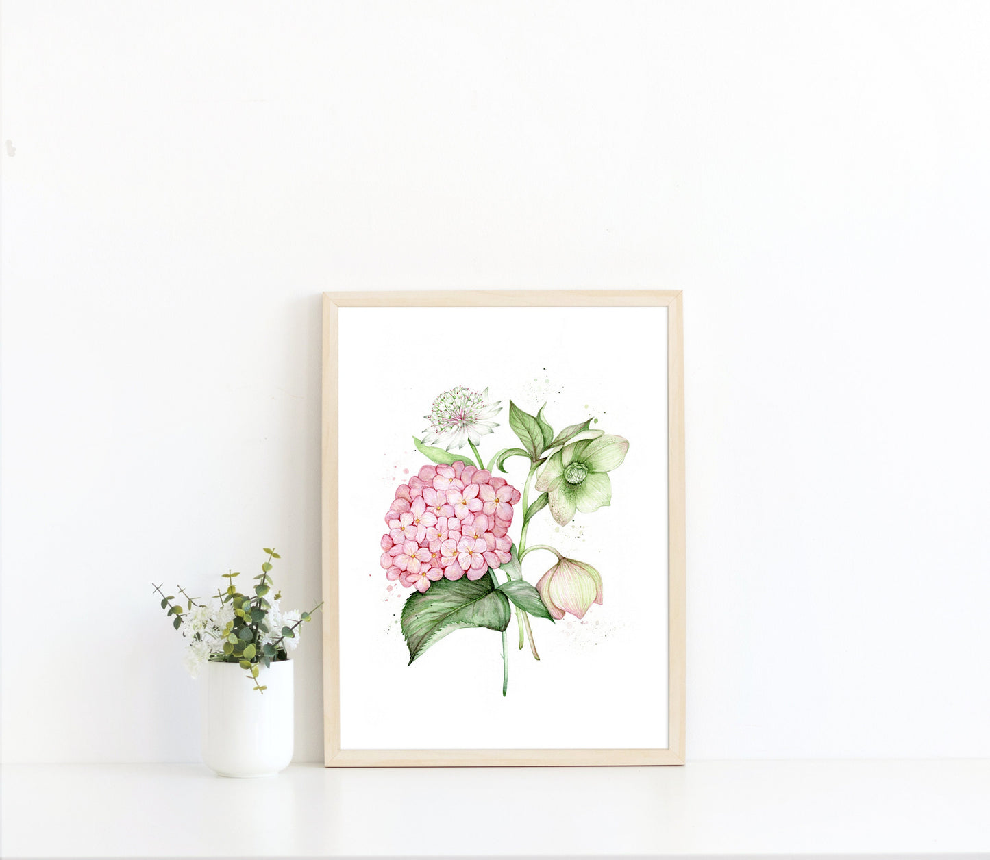 Vintage Florals Watercolour Giclee Print, Hydrangea Hellebore Astrantia Art A5, A4, A3