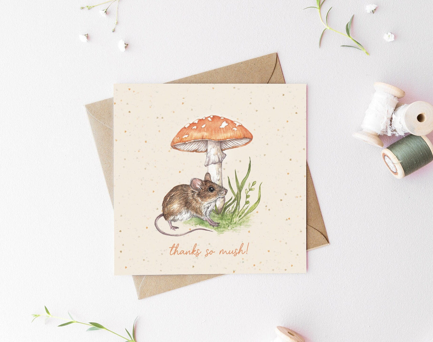 Mushy and Mouse Greetings Card, Thanks So Mush - Watercolour Cute Thank You Illustrated Personalised Card