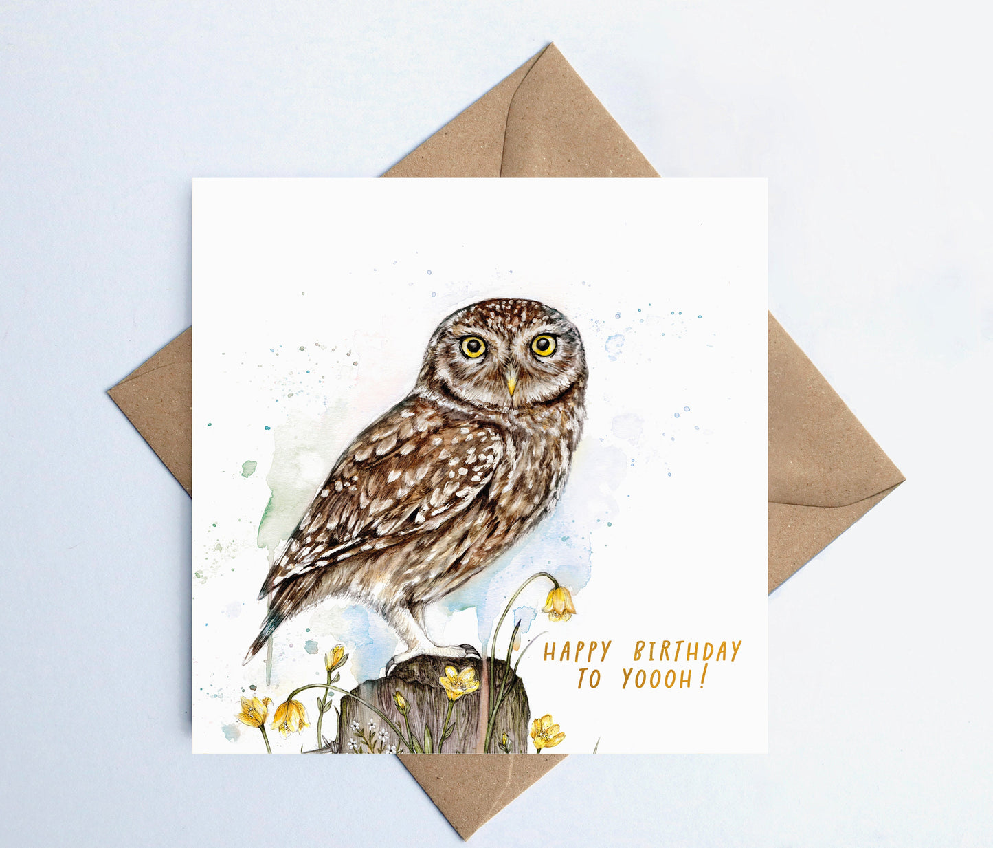 Little Owl 'Happy Birthday To Yoooh!' Watercolour Birthday Card, Owl Greeting Card, Floral Illustrated Bird Card