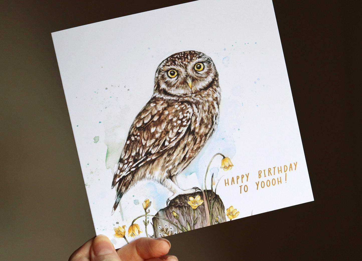 Little Owl 'Happy Birthday To Yoooh!' Watercolour Birthday Card, Owl Greeting Card, Floral Illustrated Bird Card