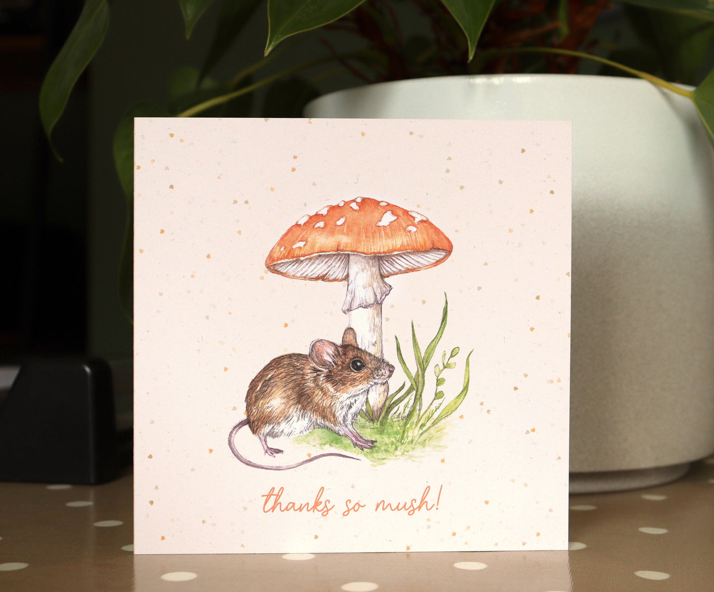 Mushy and Mouse Greetings Card, Thanks So Mush - Watercolour Cute Thank You Illustrated Personalised Card