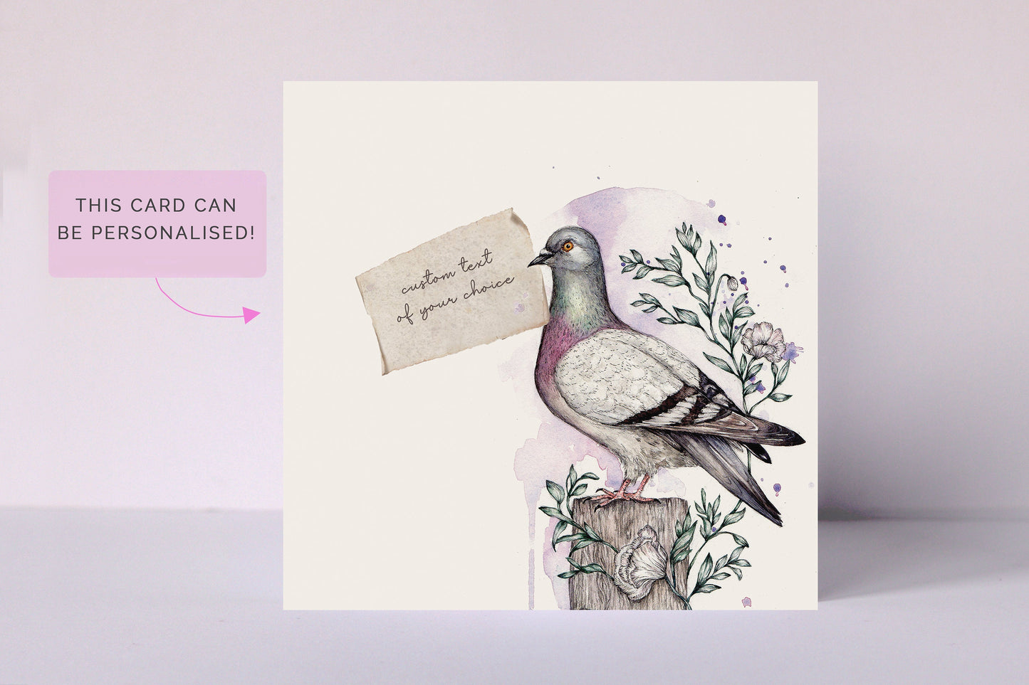 Pigeon Message Greetings Card, Watercolour Bird Cute Personalised Illustrated Personalised Birthday Card