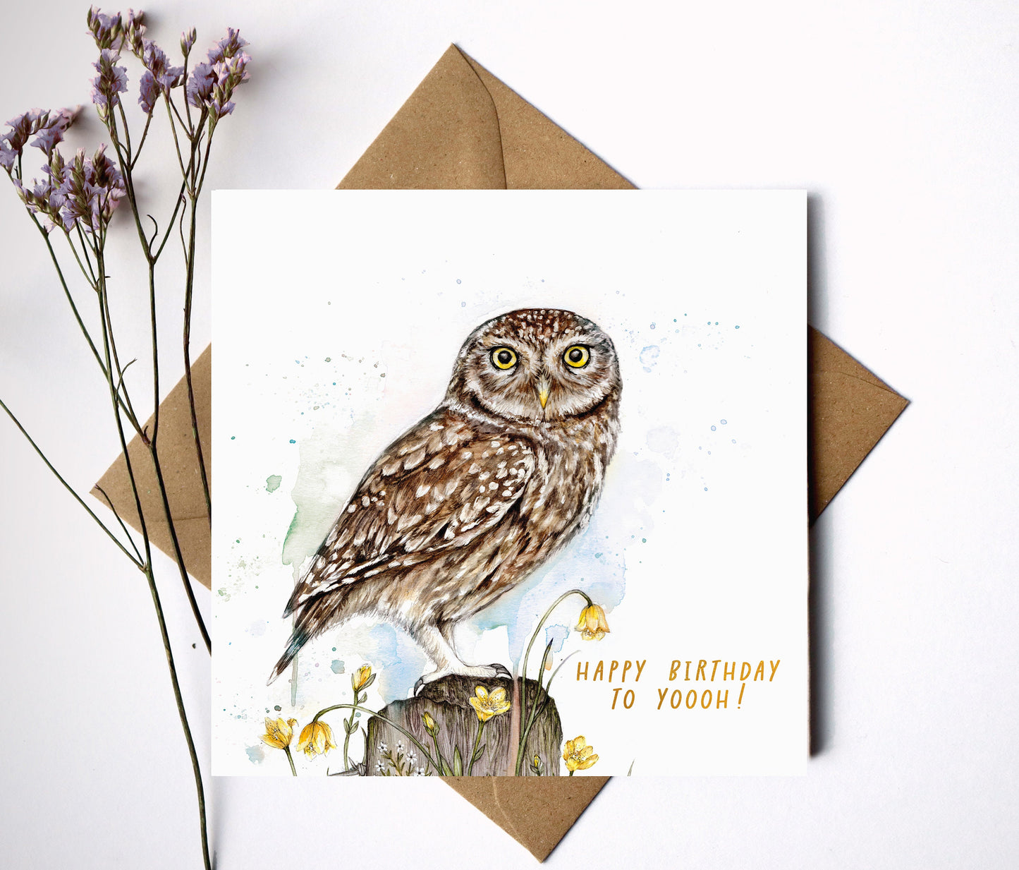 Little Owl 'Happy Birthday To Yoooh!' Watercolour Birthday Card, Owl Greeting Card, Floral Illustrated Bird Card