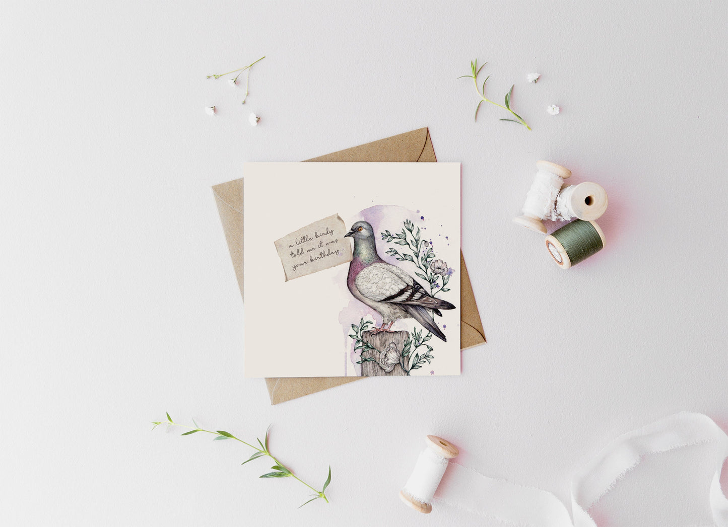Pigeon Message Greetings Card, Watercolour Bird Cute Personalised Illustrated Personalised Birthday Card
