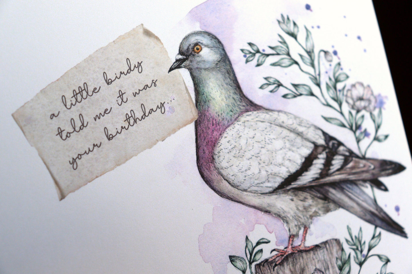 Pigeon Message Greetings Card, Watercolour Bird Cute Personalised Illustrated Personalised Birthday Card
