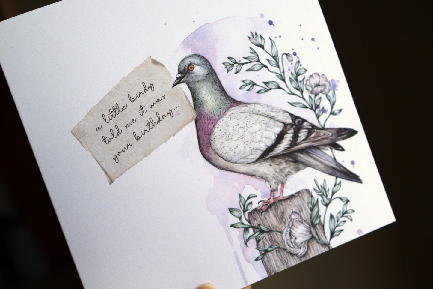 Pigeon Message Greetings Card, Watercolour Bird Cute Personalised Illustrated Personalised Birthday Card