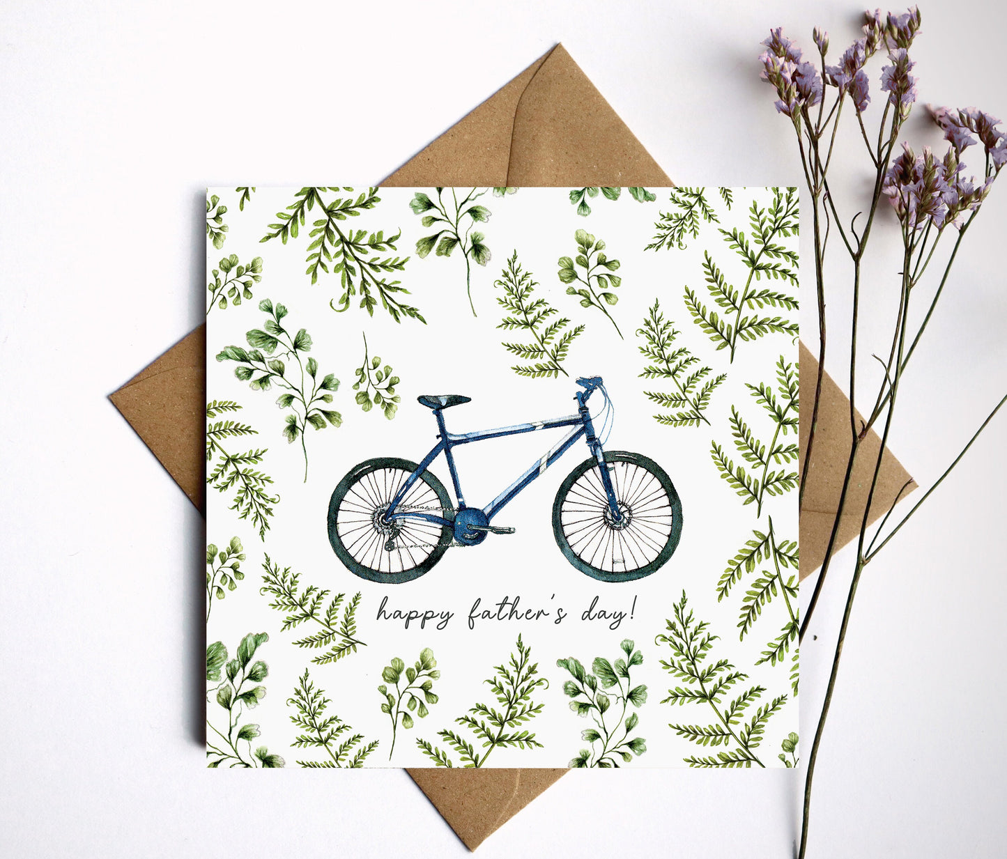 Cyclist Card for Dad, Watercolour Ferns Illustrated Bicycle, Birthday Card or Father's Day Personalised