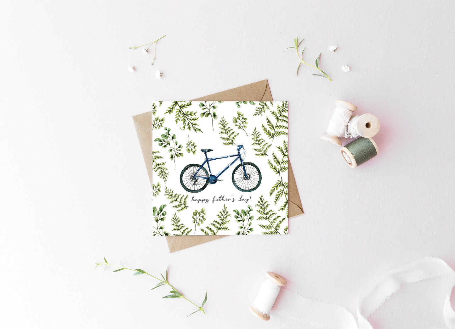 Cyclist Card for Dad, Watercolour Ferns Illustrated Bicycle, Birthday Card or Father's Day Personalised