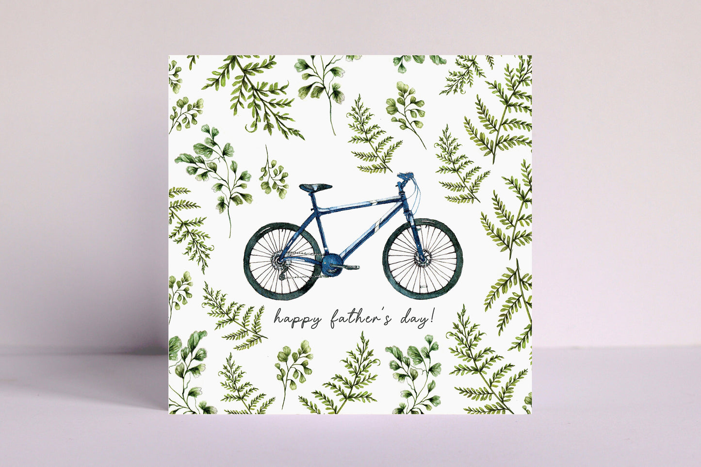 Cyclist Card for Dad, Watercolour Ferns Illustrated Bicycle, Birthday Card or Father's Day Personalised