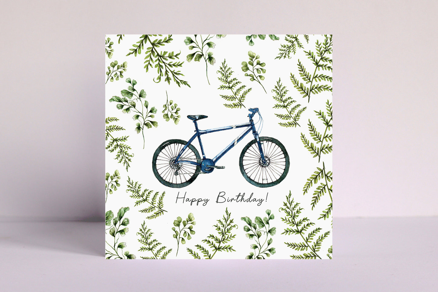 Cyclist Card for Dad, Watercolour Ferns Illustrated Bicycle, Birthday Card or Father's Day Personalised
