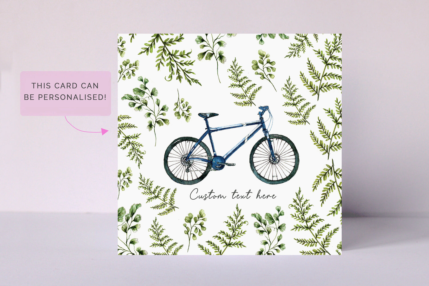 Cyclist Card for Dad, Watercolour Ferns Illustrated Bicycle, Birthday Card or Father's Day Personalised