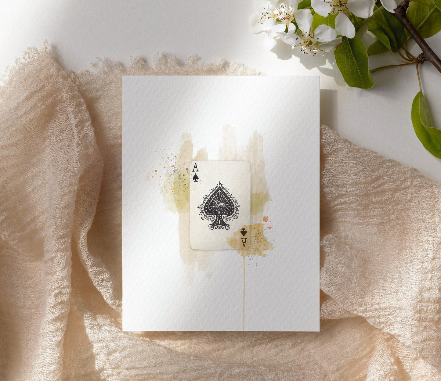 Ace Of Spades Watercolour Print 8x8" 10x10" A5