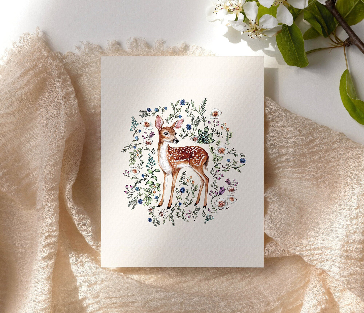 Watercolour Fawn Print, Wildflowers Botanical Deer, Floral Deer Nursery Artwork, Giclee Fine Art Print 8x8" 8x10" 10x10"