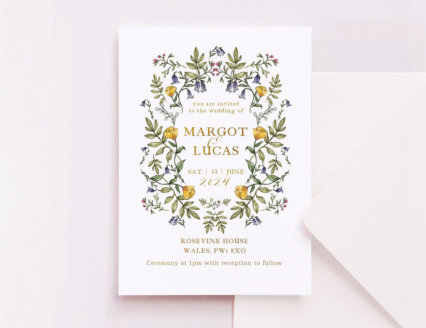 Delicate Botanical Wedding Invitation, Floral Wedding Invites A5 or 5x7" Invite