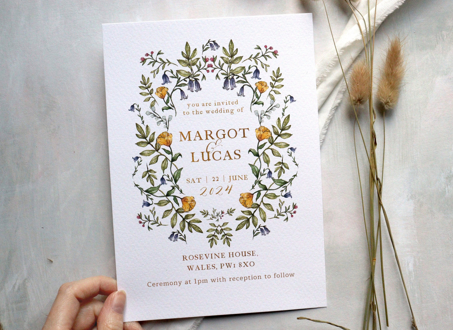 Delicate Botanical Wedding Invitation, Floral Wedding Invites A5 or 5x7" Invite