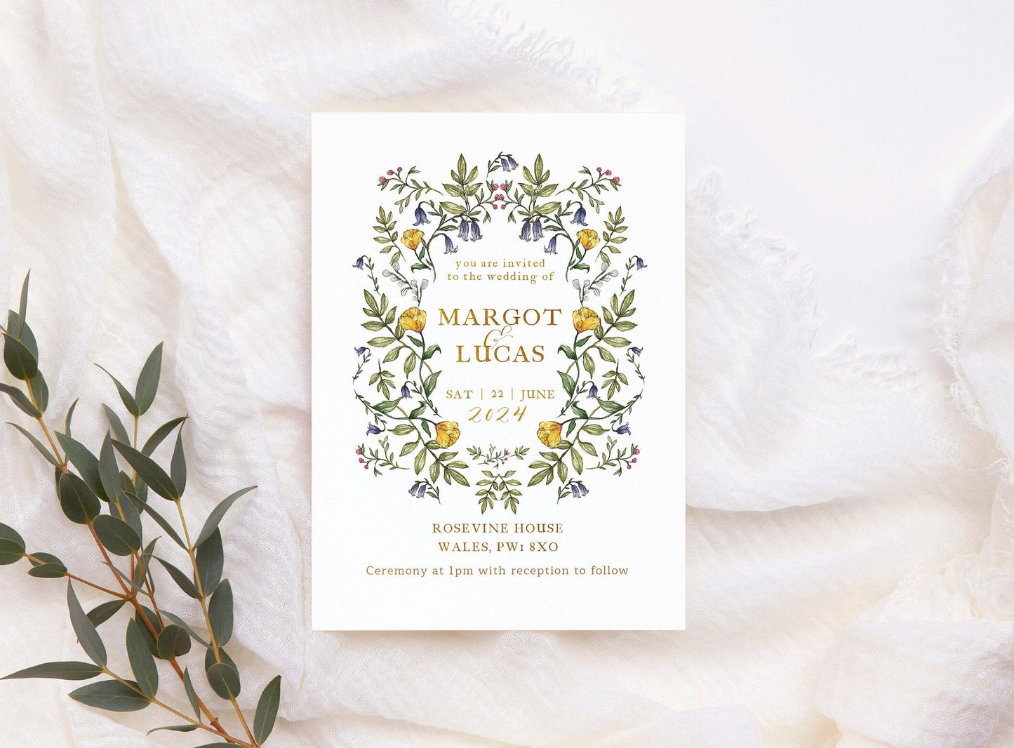 Delicate Botanical Wedding Invitation, Floral Wedding Invites A5 or 5x7" Invite