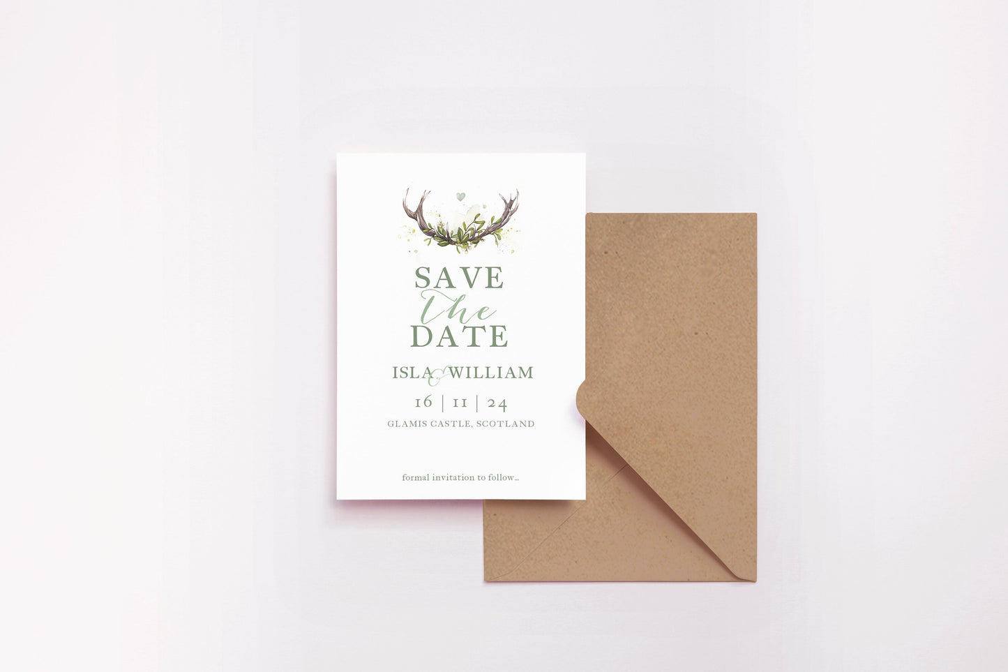Woodland Antlers Save The Date Invitation, Minimal Rustic Scottish Wedding Invites Suite A6
