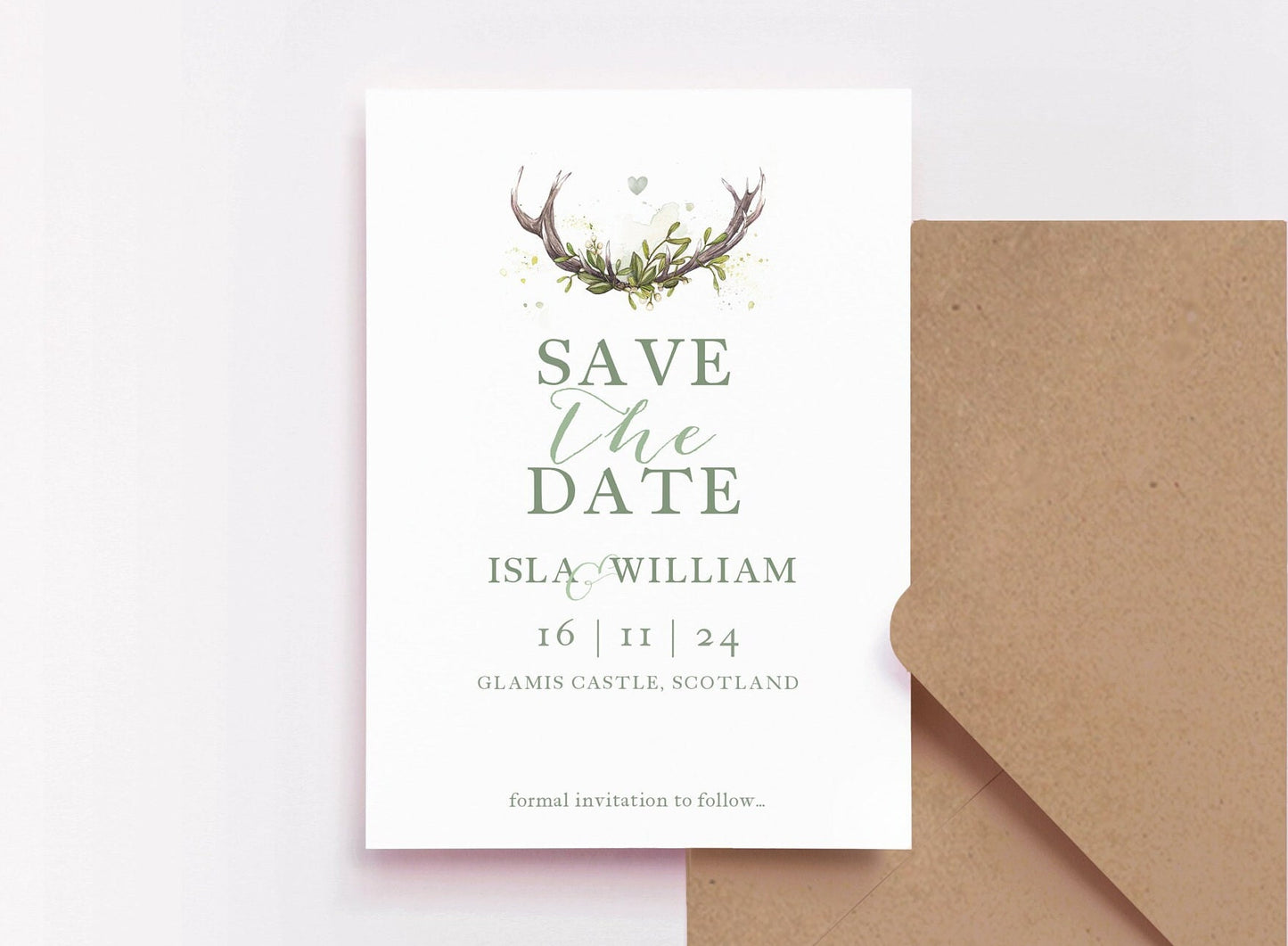 Woodland Antlers Save The Date Invitation, Minimal Rustic Scottish Wedding Invites Suite A6