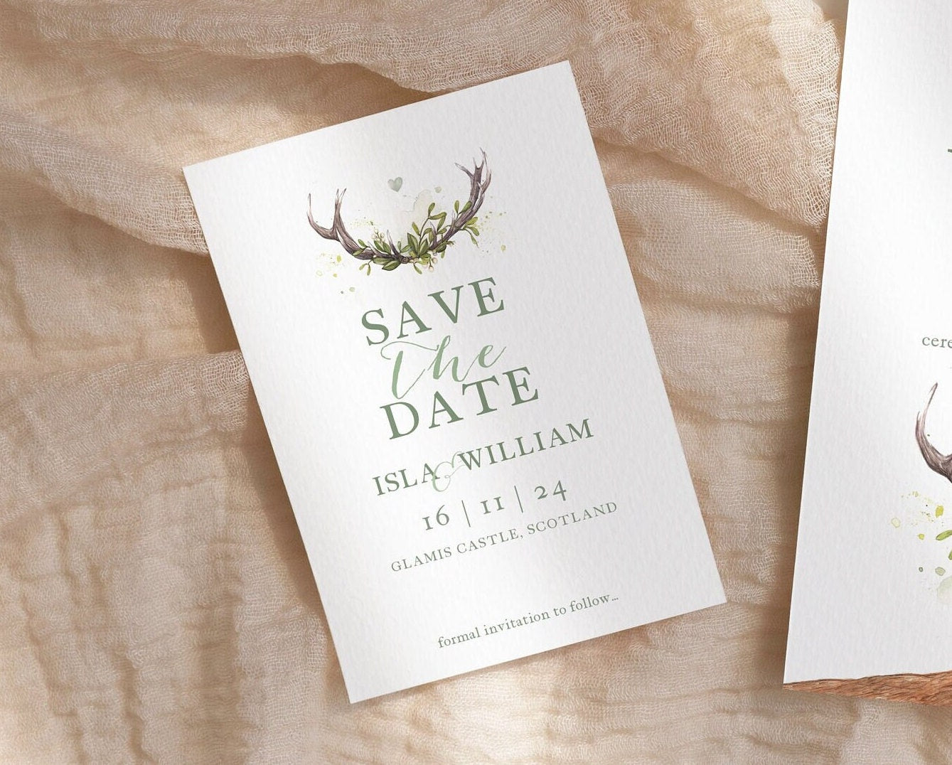Woodland Antlers Save The Date Invitation, Minimal Rustic Scottish Wedding Invites Suite A6