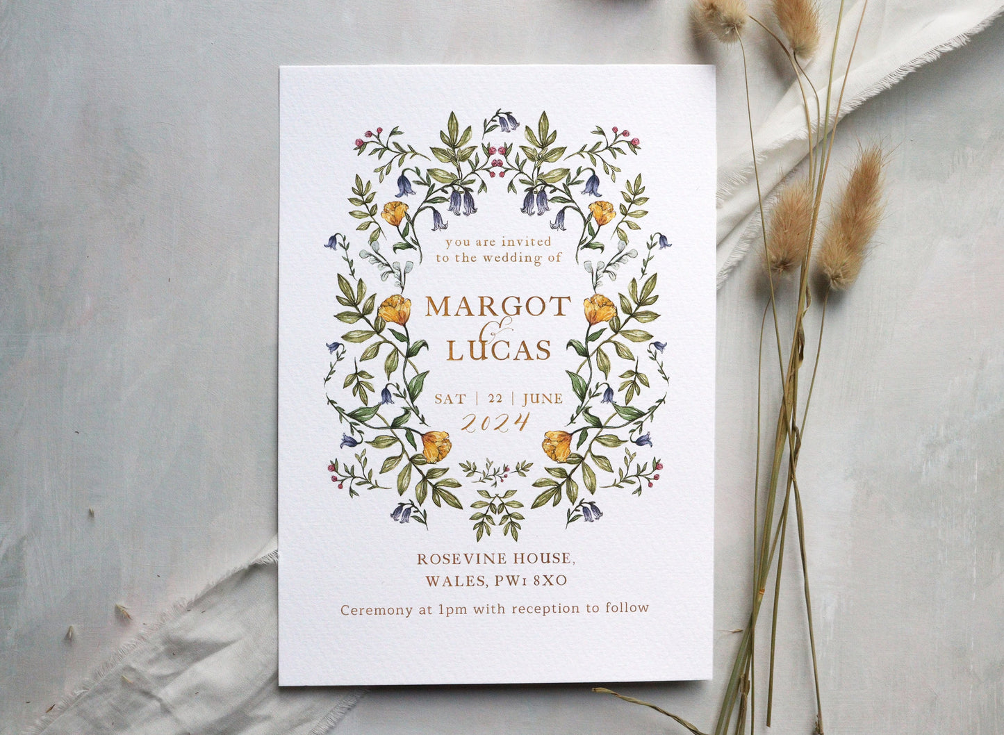 Delicate Botanical Wedding Invitation, Floral Wedding Invites A5 or 5x7" Invite