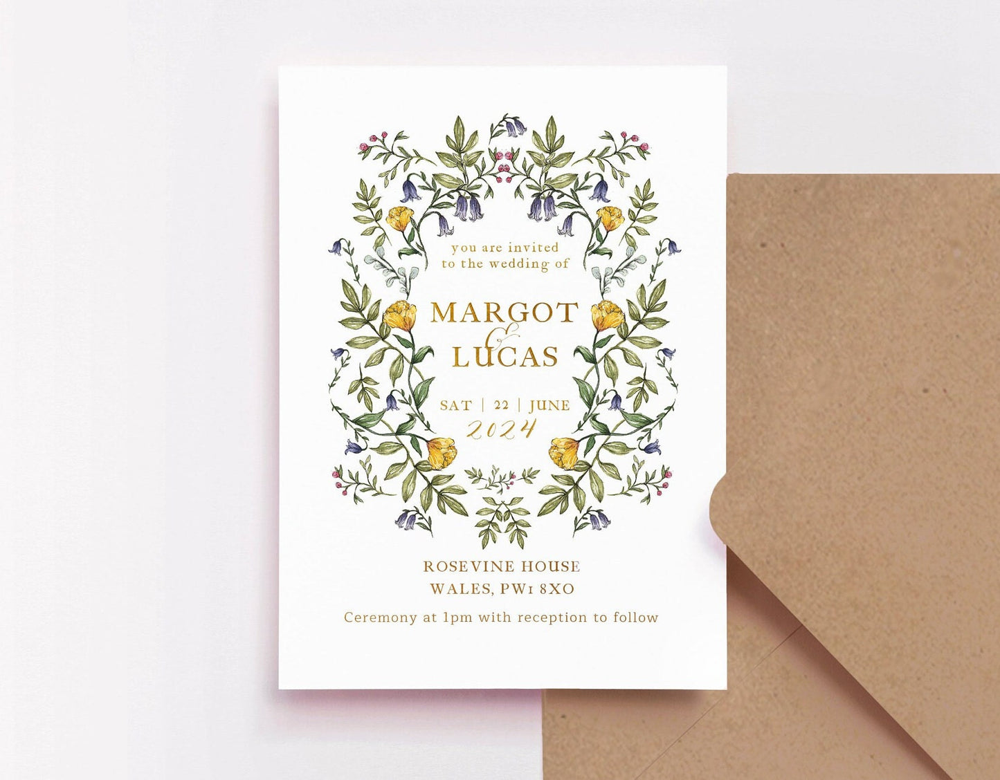 Delicate Botanical Wedding Invitation, Floral Wedding Invites A5 or 5x7" Invite