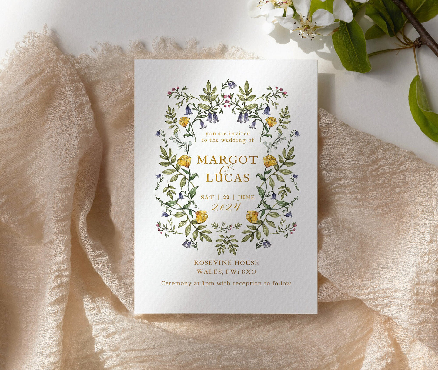 Delicate Botanical Wedding Invitation, Floral Wedding Invites A5 or 5x7" Invite