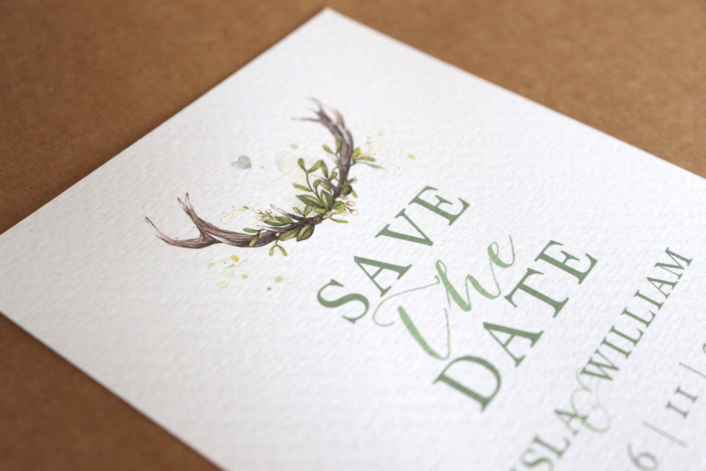 Woodland Antlers Save The Date Invitation, Minimal Rustic Scottish Wedding Invites Suite A6