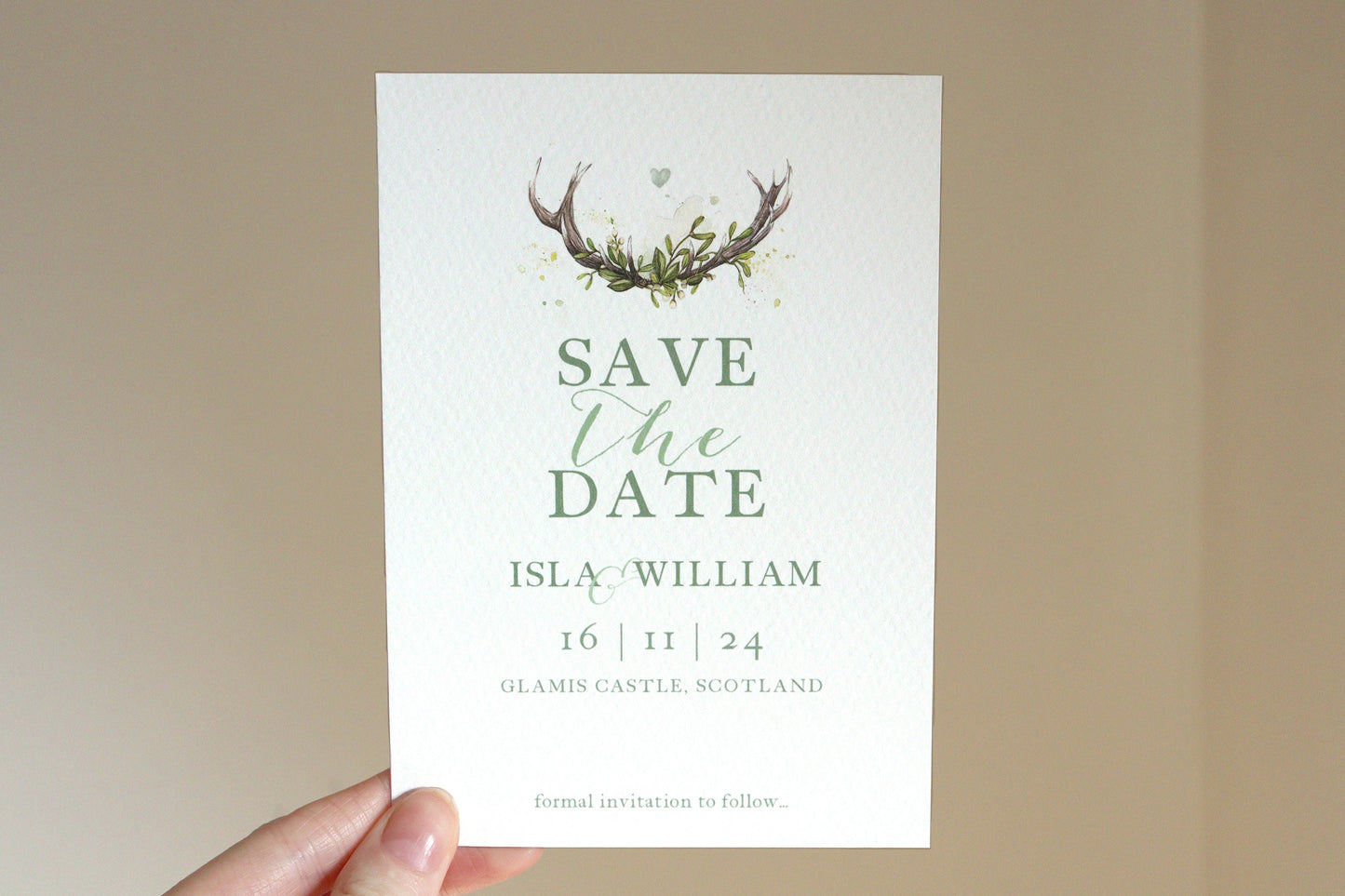 Woodland Antlers Save The Date Invitation, Minimal Rustic Scottish Wedding Invites Suite A6