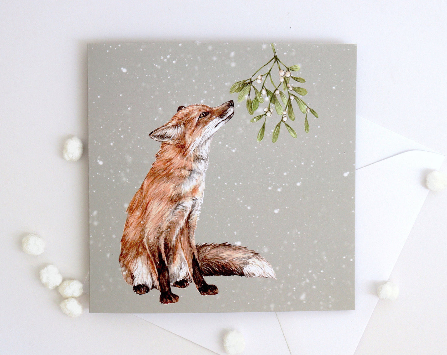 Mistletoe Fox Christmas Card, Snowy Woodland Animal Xmas, Watercolour Greetings Card