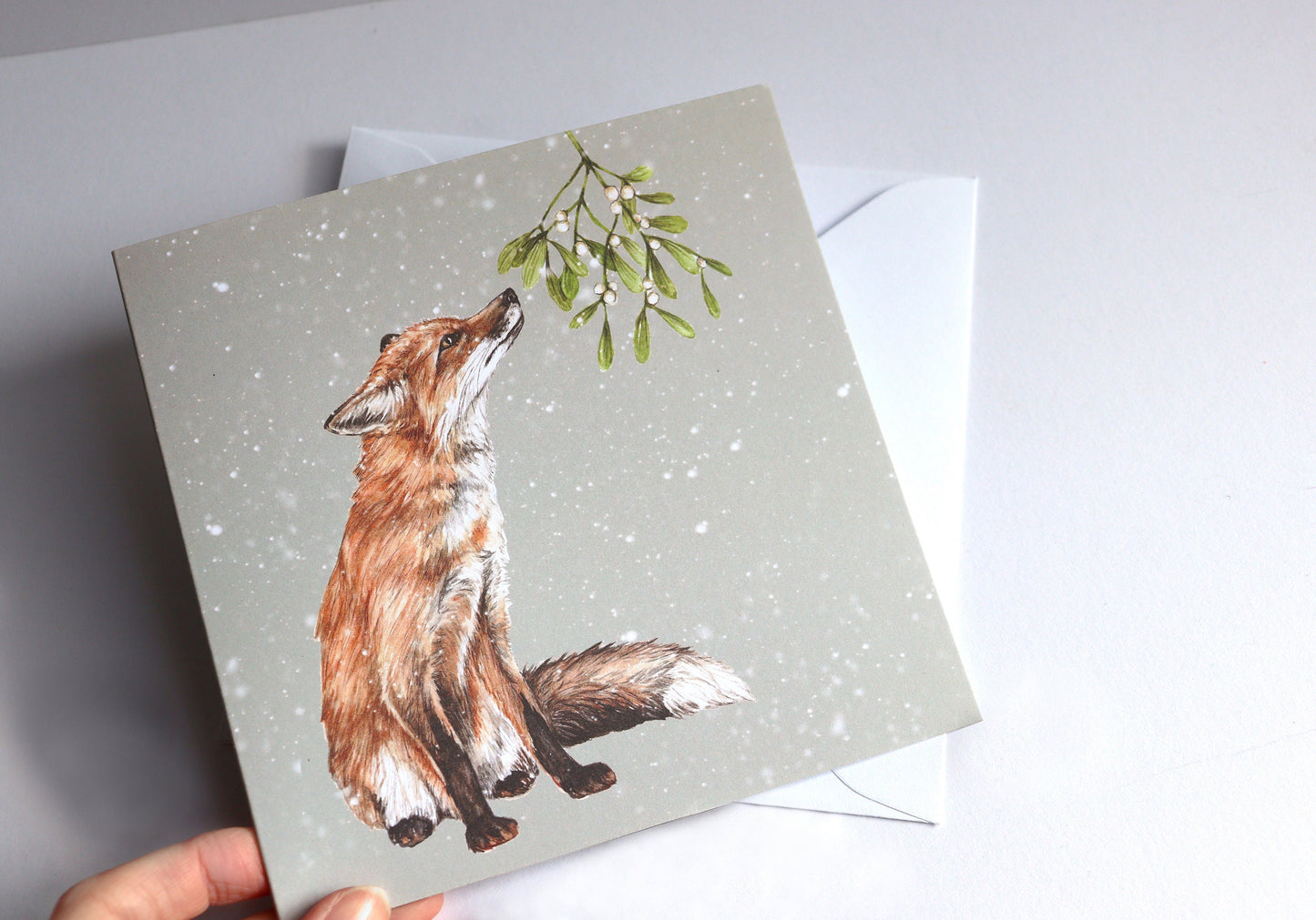 Mistletoe Fox Christmas Card, Snowy Woodland Animal Xmas, Watercolour Greetings Card