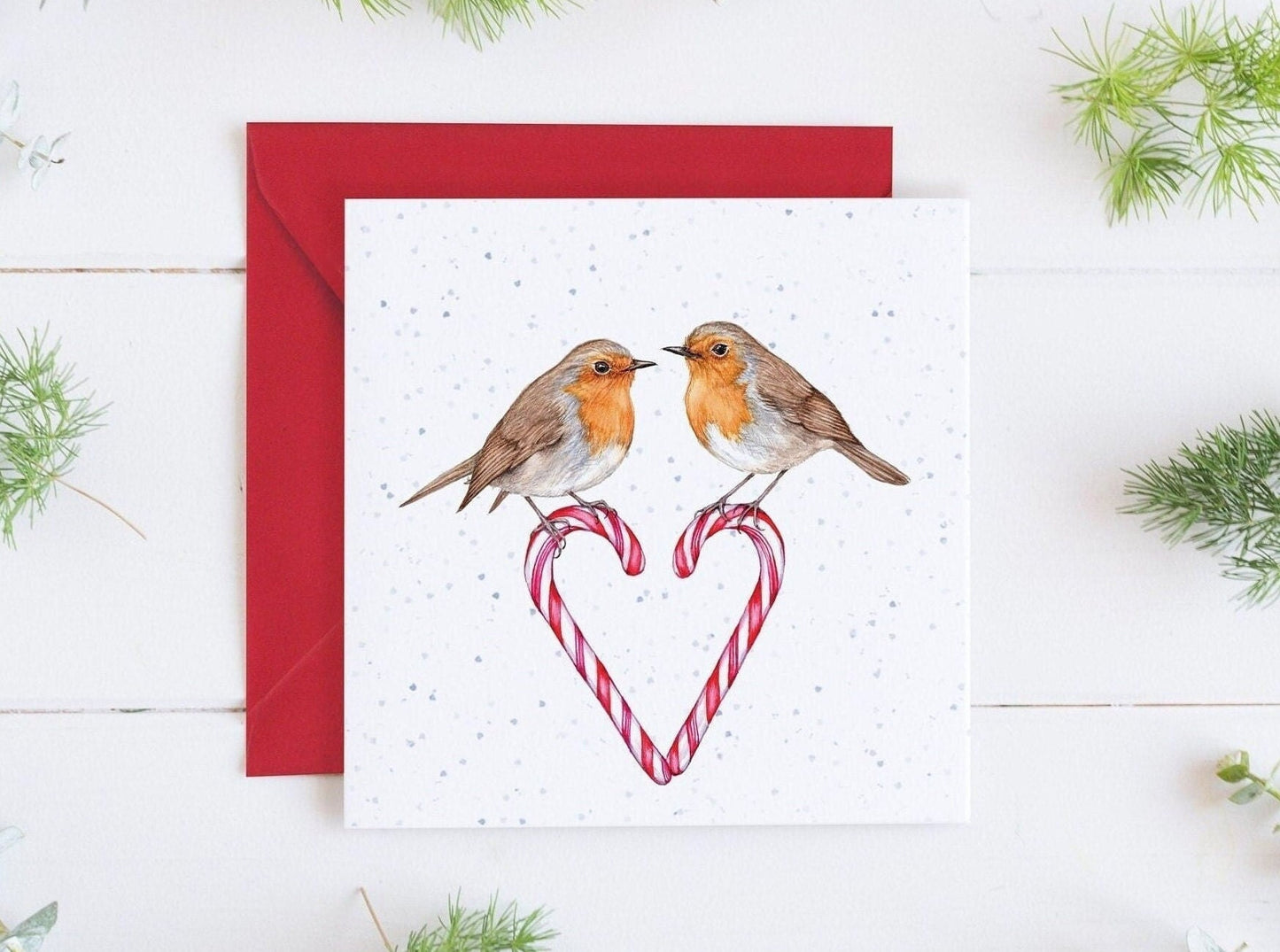 Candy Cane Robins Christmas Card, Sweethearts Watercolour Mum and Dad Couple Greetings Card