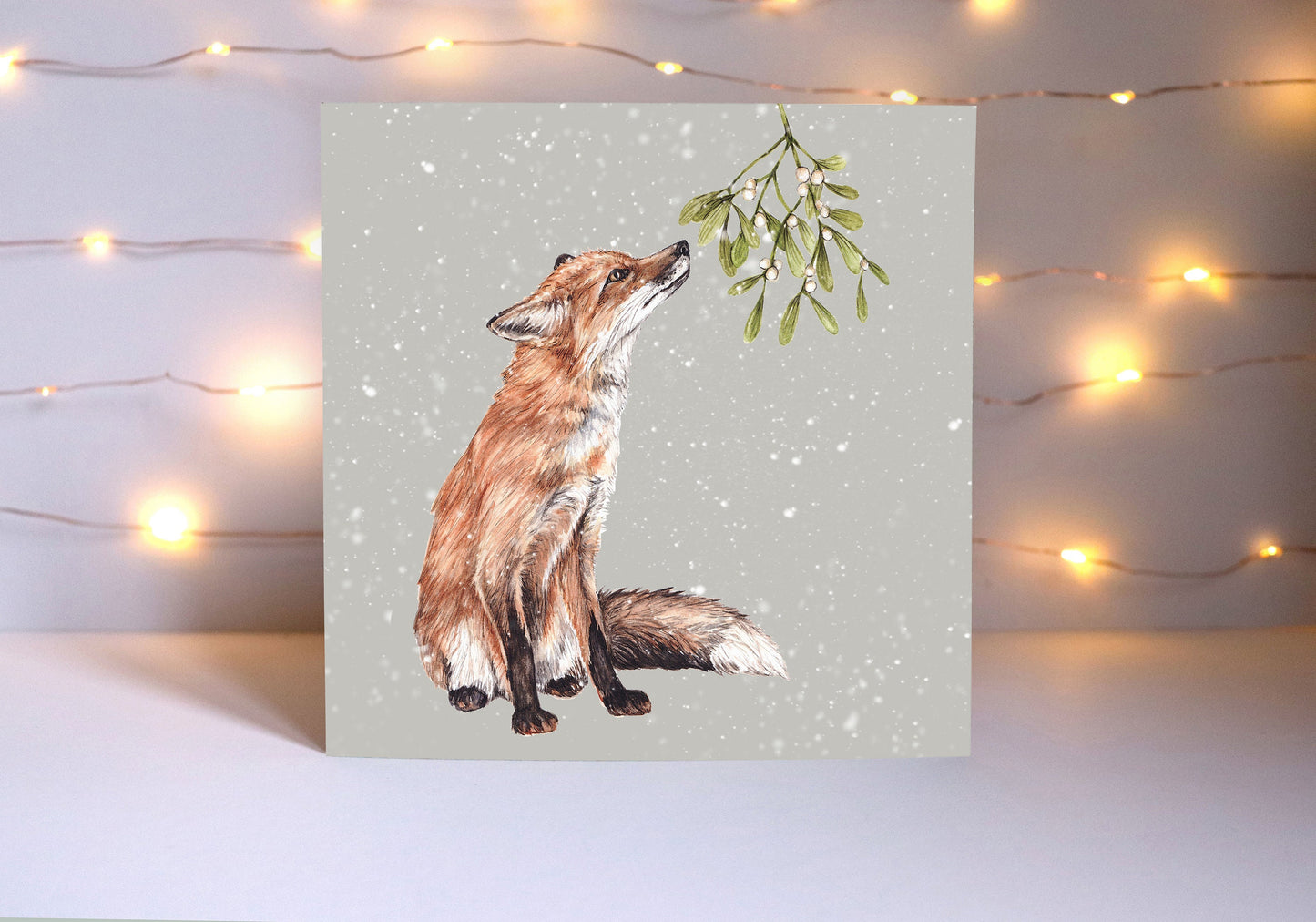 Mistletoe Fox Christmas Card, Snowy Woodland Animal Xmas, Watercolour Greetings Card