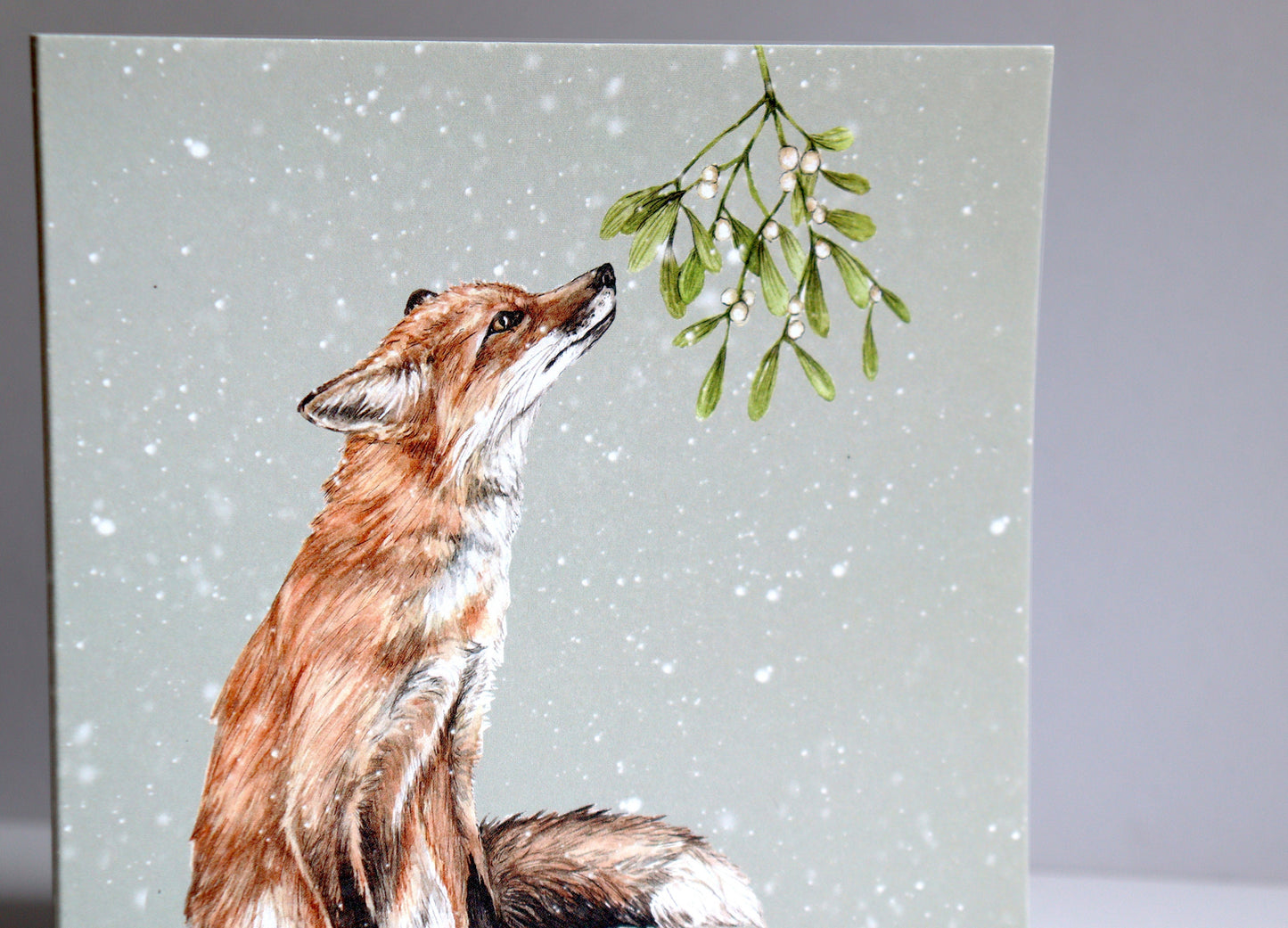 Mistletoe Fox Christmas Card, Snowy Woodland Animal Xmas, Watercolour Greetings Card