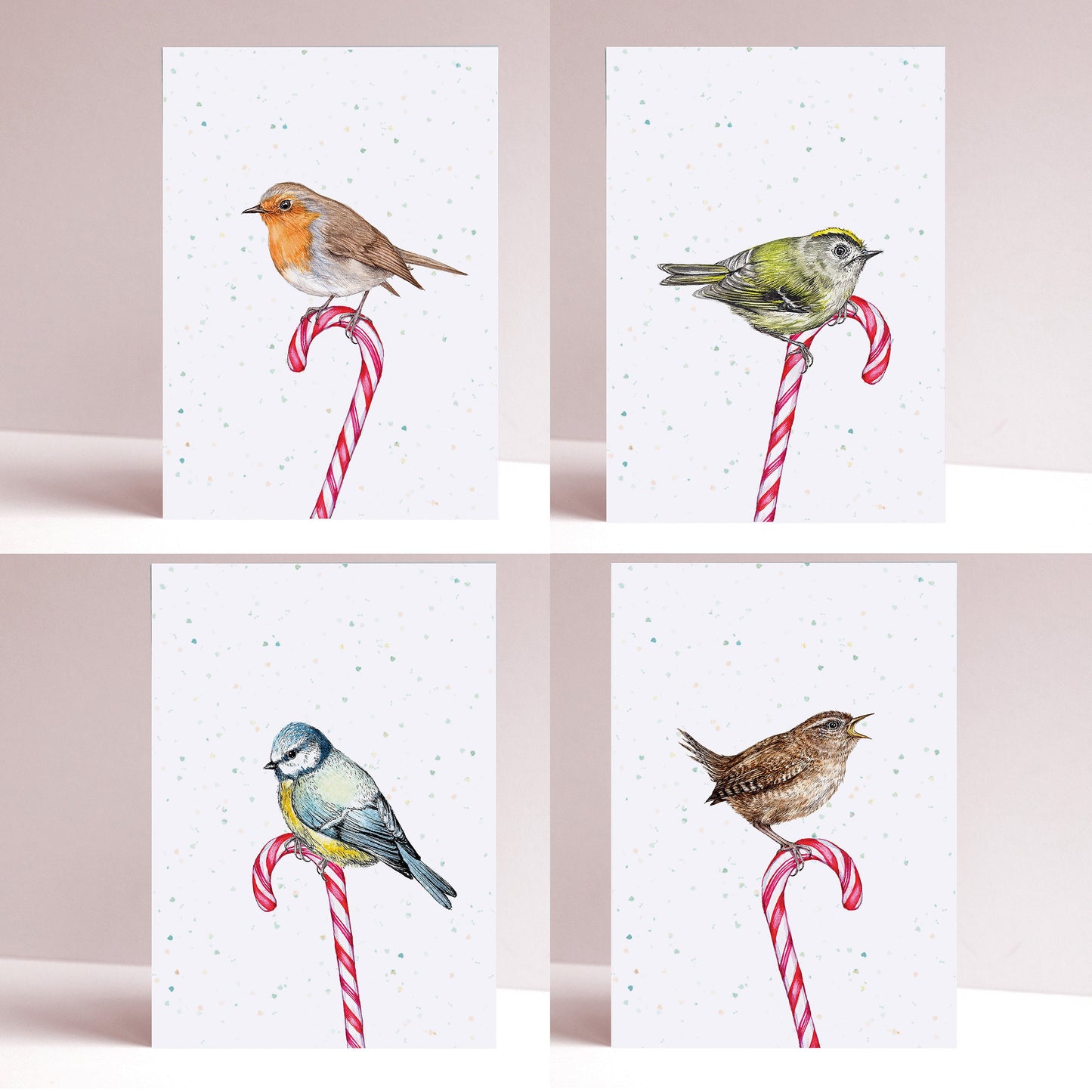 Candy Cane Birds Christmas Cards Pack of 4, Watercolour Robin, Wren Greetings Card A6