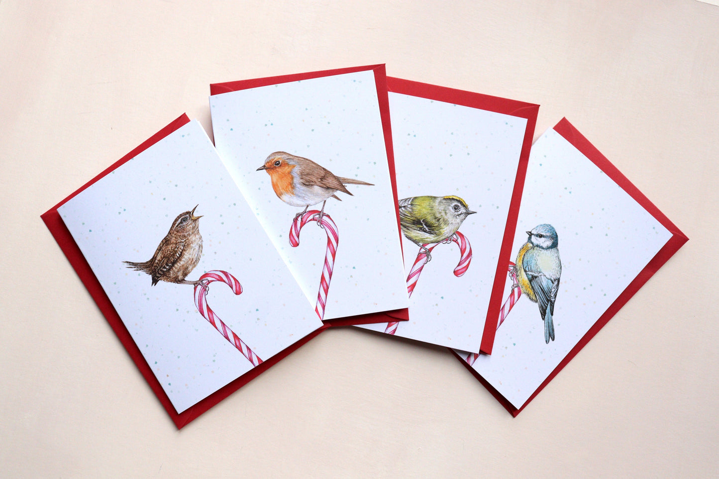 Candy Cane Birds Christmas Cards Pack of 4, Watercolour Robin, Wren Greetings Card A6
