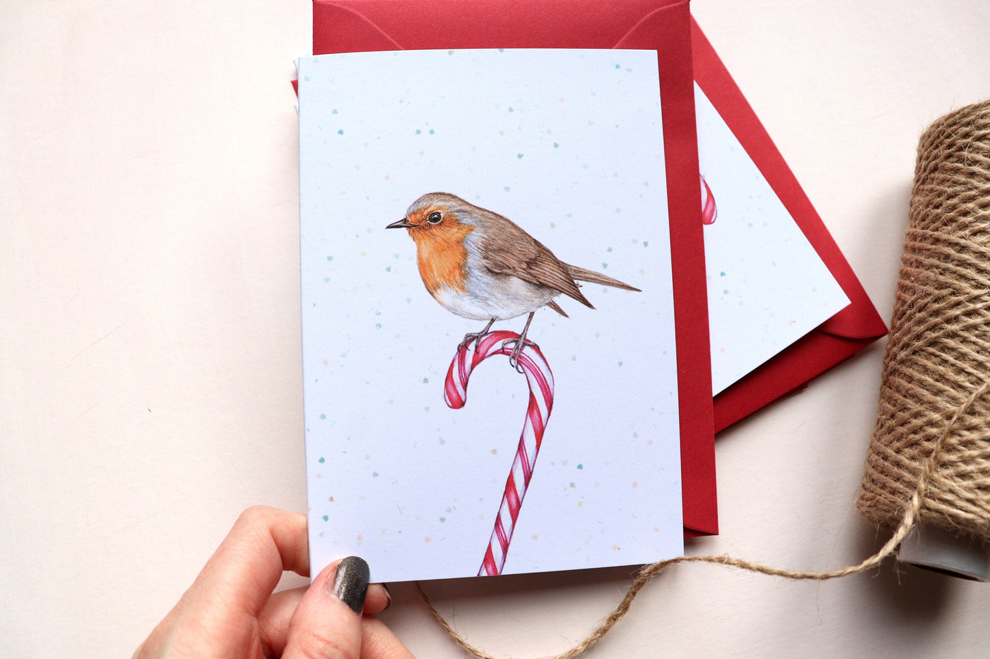 Candy Cane Birds Christmas Cards Pack of 4, Watercolour Robin, Wren Greetings Card A6