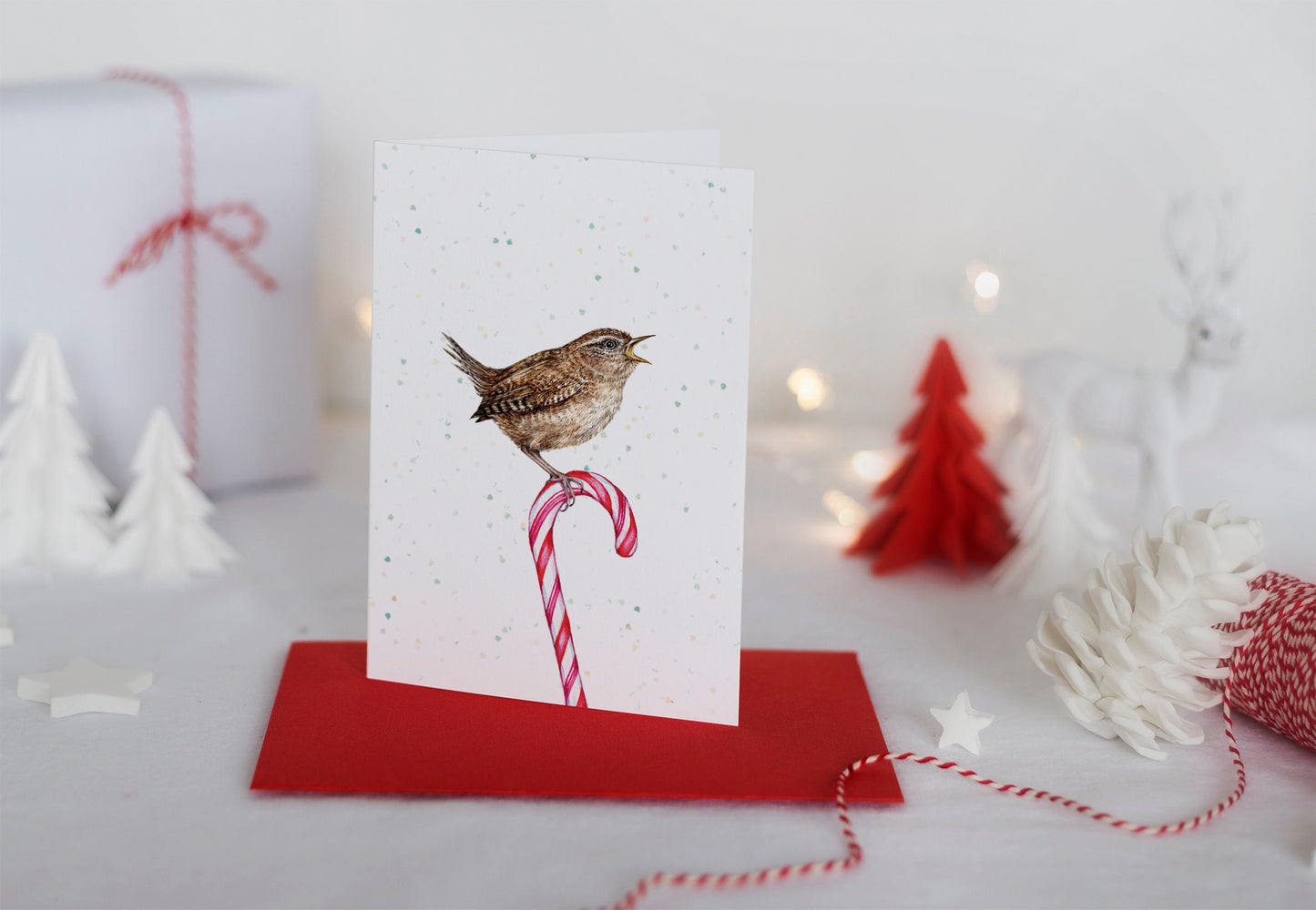 Candy Cane Wren Christmas Card, Watercolour Bird Festive Greetings Card A6