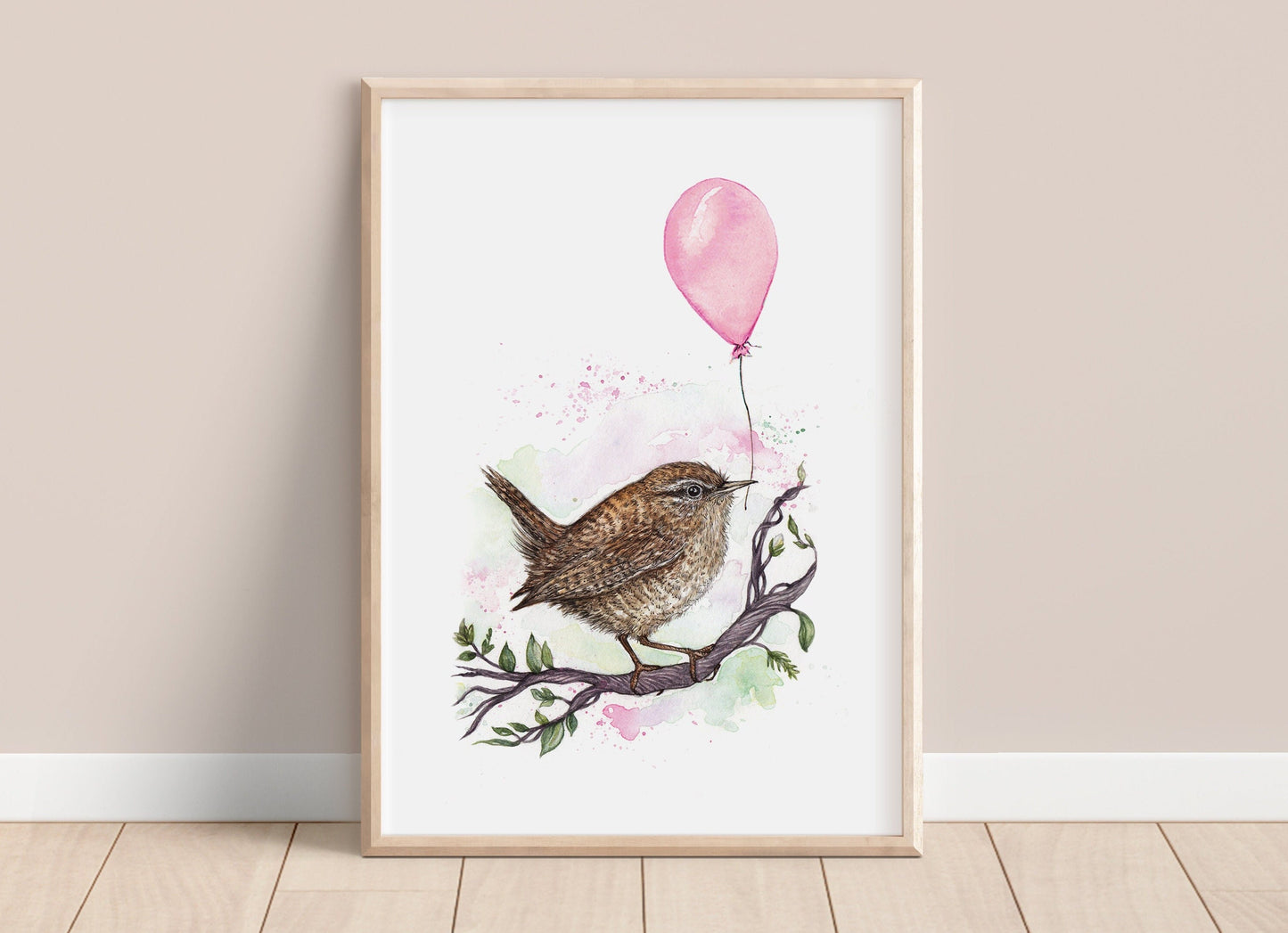 Watercolour Wren Print, Balloon Cute Watercolour Illustrated Bird, Kids Nursery Artwork, Giclee Fine Art Print A4 A5, Rue the Wren